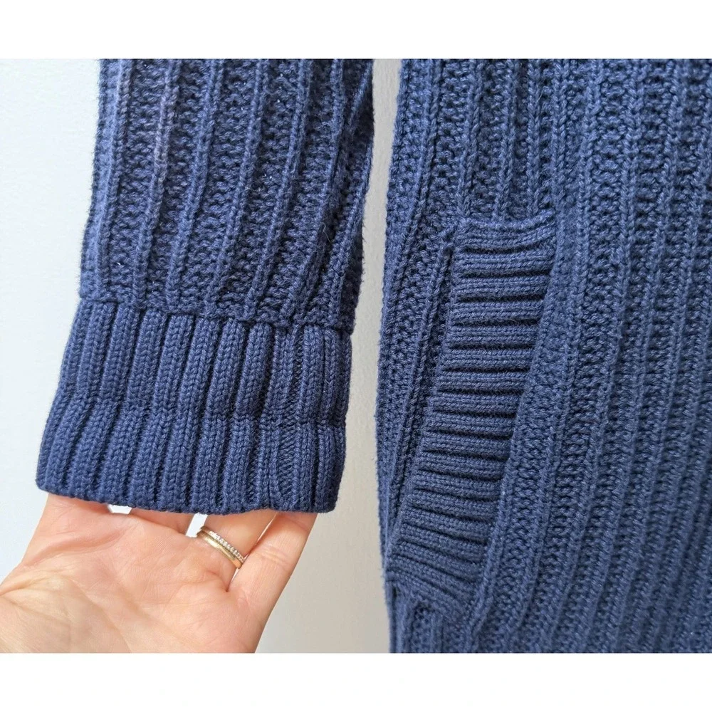 LL Bean Women Shaker Stitch Open Long Cardigan Size M Navy Chunky Knit Cabincore